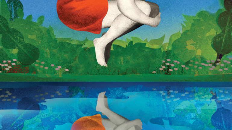 Illustration of senior boomer cannonball into pool