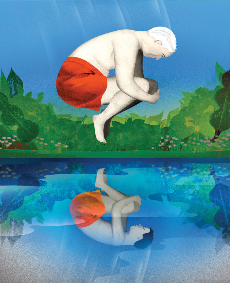 Illustration of senior boomer cannonball into pool