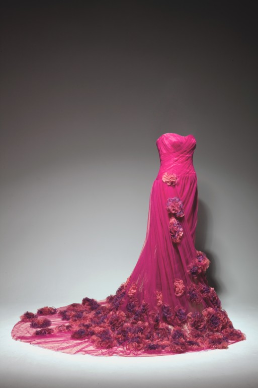 Lily Samii couture designer, pink gown, floral strapless dress