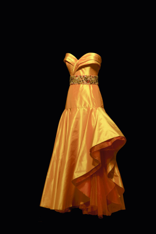Lily Samii couture designer yellow strapless dress