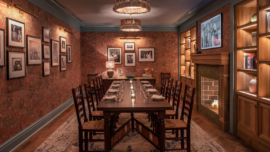 Elegant dining room, featuring stylish decor and a warm ambiance for an upscale dining experience