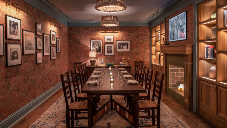 Elegant dining room, featuring stylish decor and a warm ambiance for an upscale dining experience