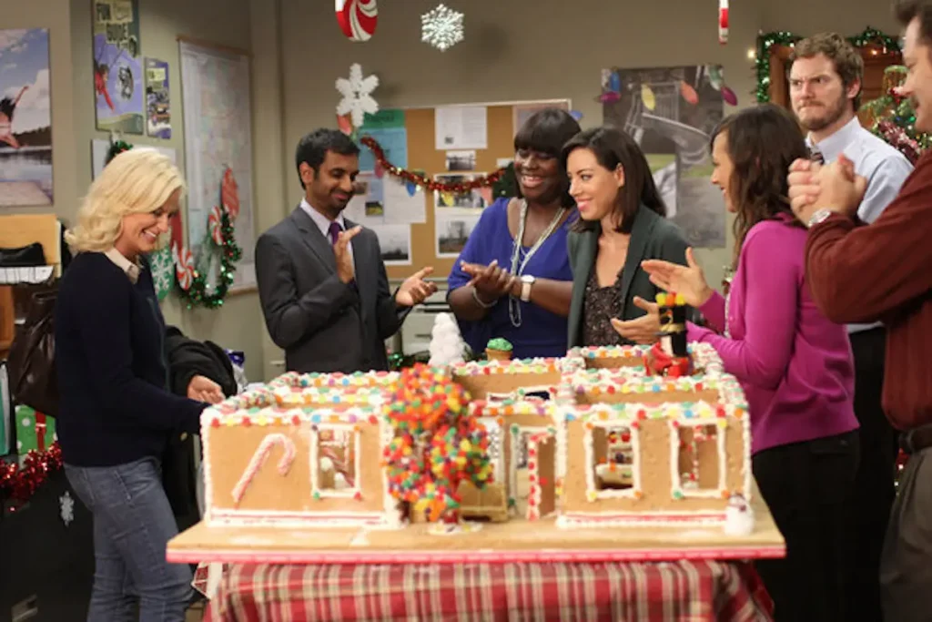 The Parks and Rec cast for a Christmas episode