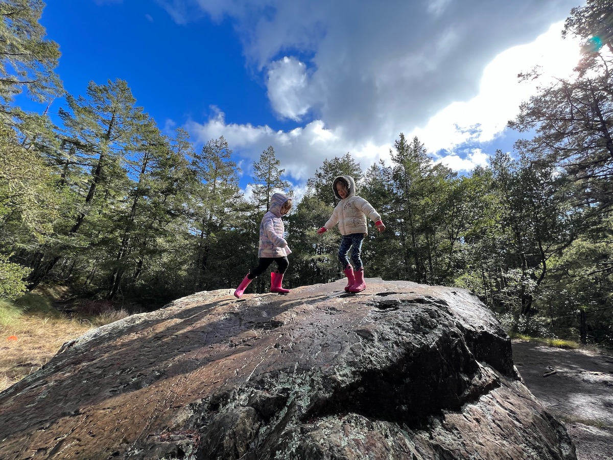 Two kids on rock in the forest, part of a Marin adventure camp with Terra Marin School