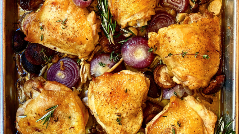 Sheet Pan Chicken Thighs with Cippolini Onions and Mushrooms
