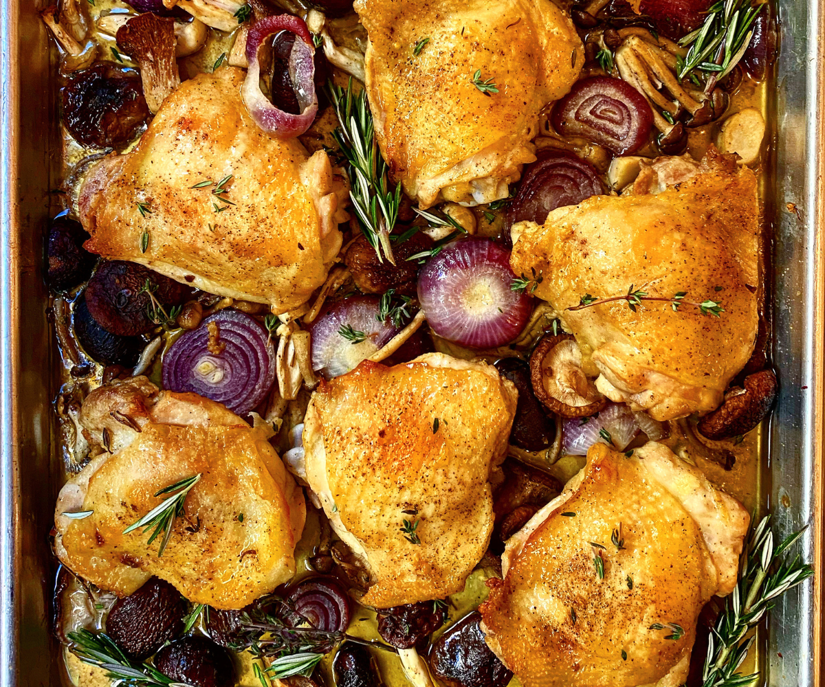 Sheet Pan Chicken Thighs with Cippolini Onions and Mushrooms