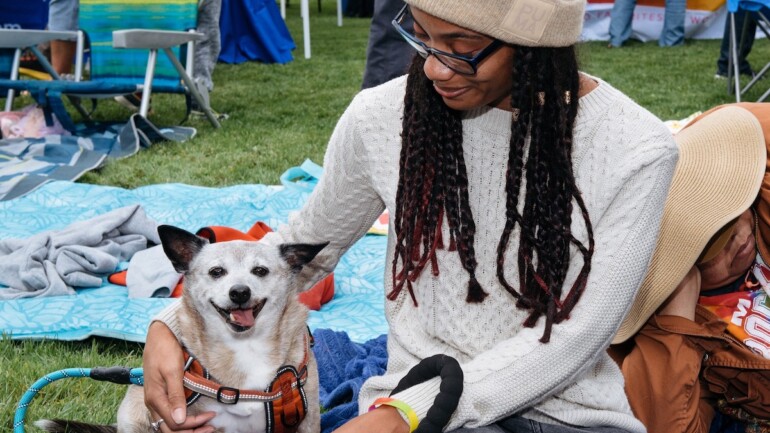 Human sits with small dog at Woofstock concert