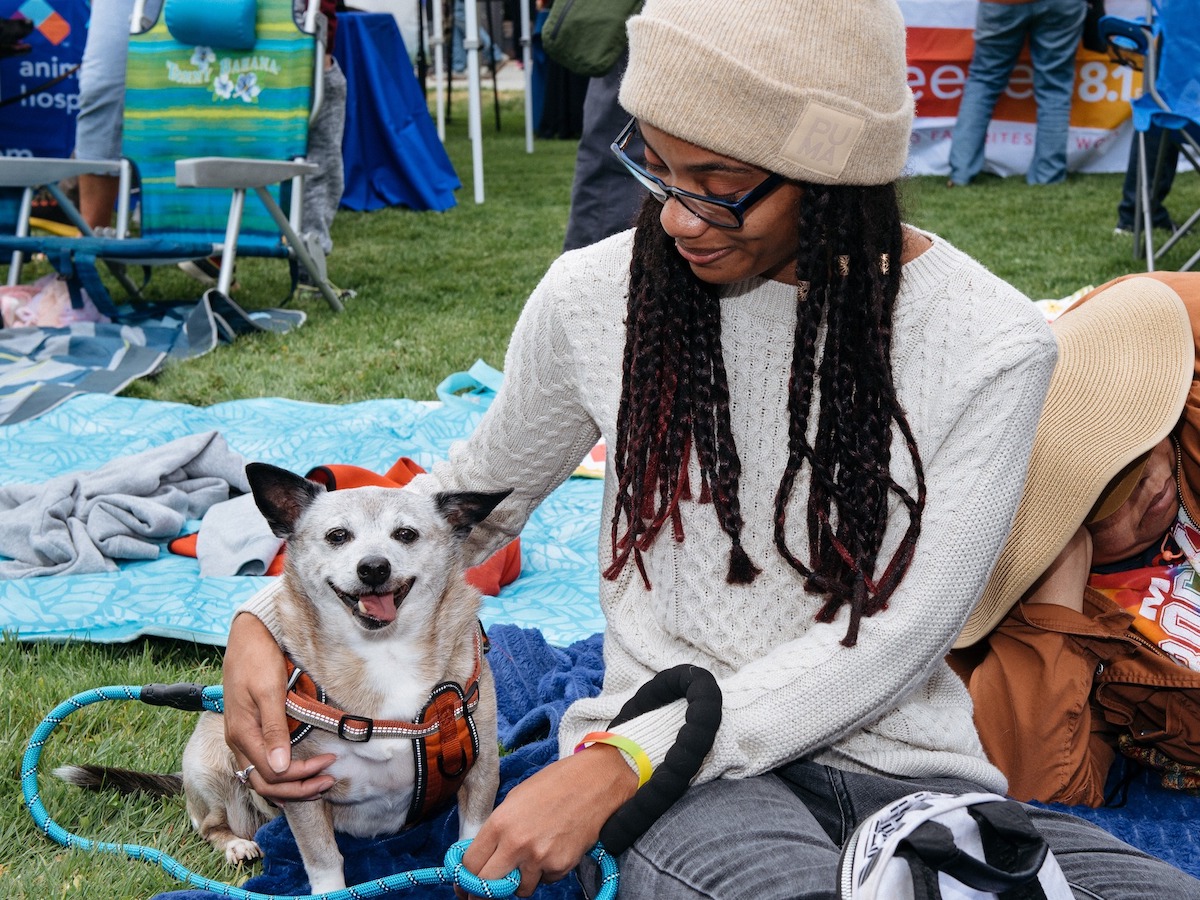 Person sits with small dog at Woofstock concert