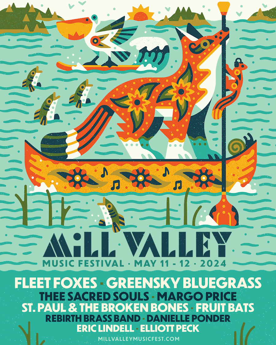 Poster featuring artistic fox, pelican and fish in orange and green. Text includes the lineup for Mill Valley Music Festival 2024