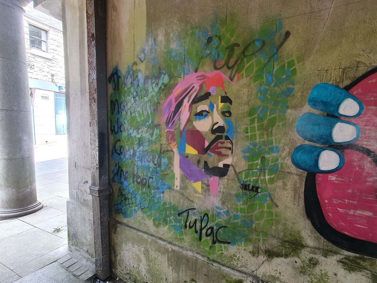 Graffiti of Tupac Shakur in Cornwall, England