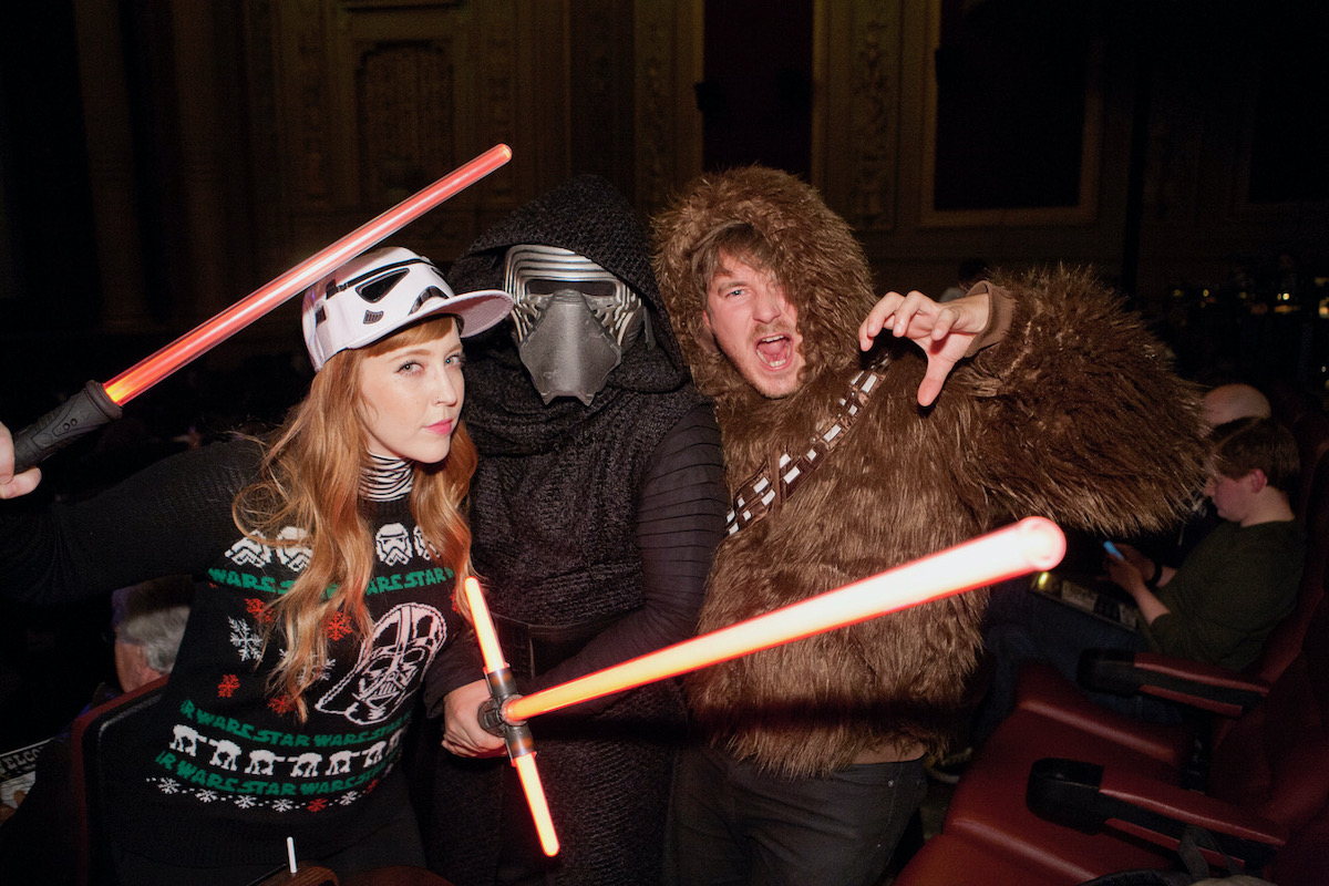 Costumed friends pose for Star Wars May the Fourth day at San Francisco's Alamo Drafthouse