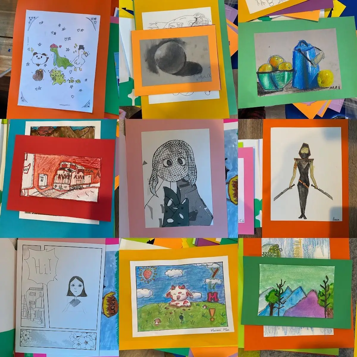 Children's pictures made at Creative Cave arts summer camp in Mill Valley