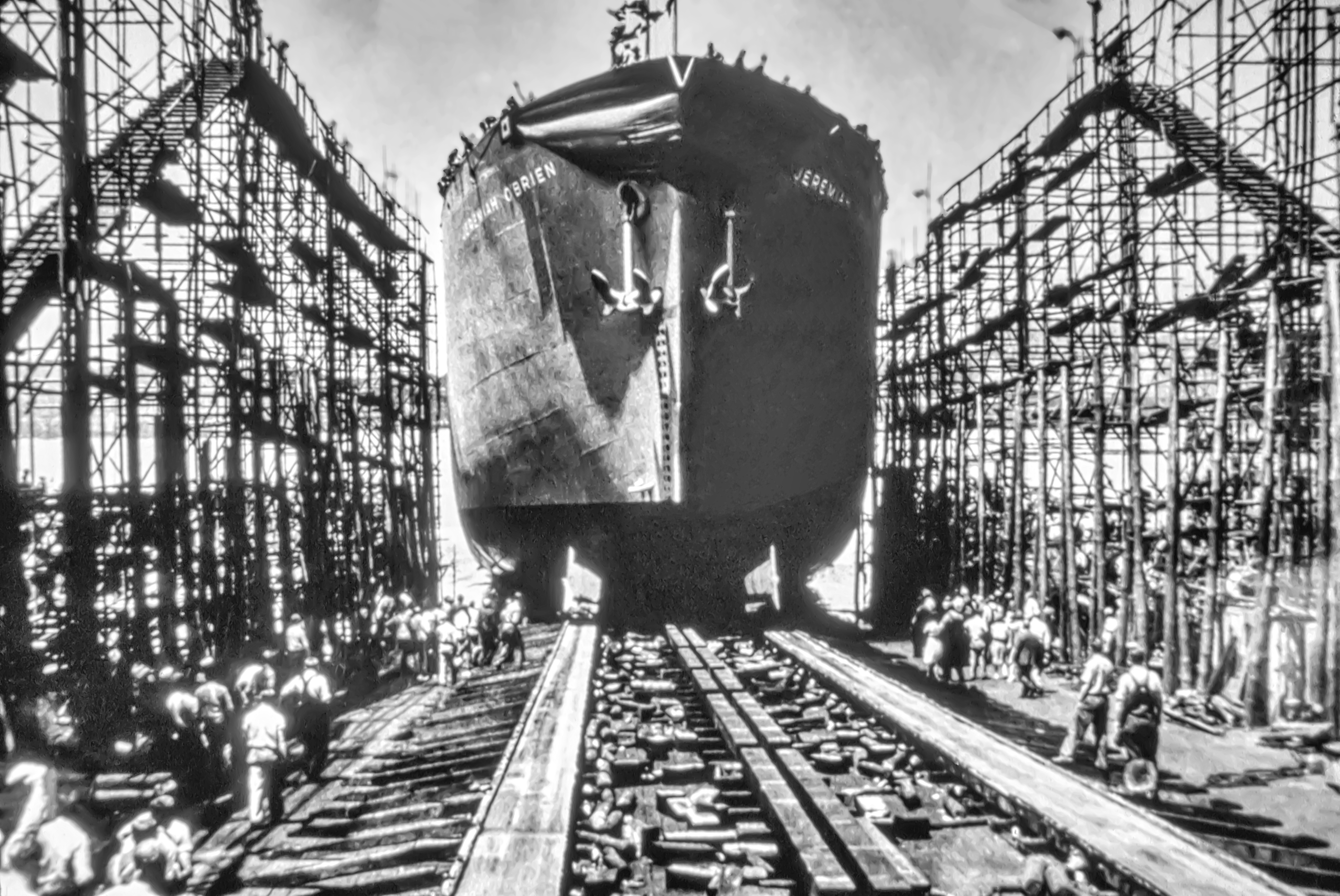 Black and white photo of construction of SS Jeremiah O'Brien