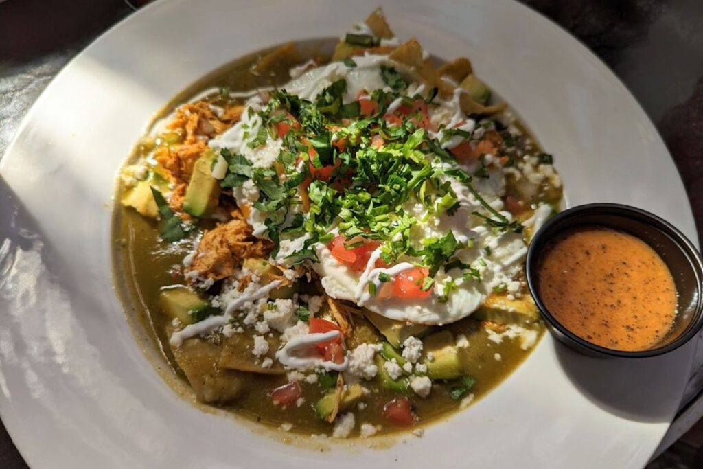 Garden Cafe, breakfast Mexican tortilla soup with a side of sauce