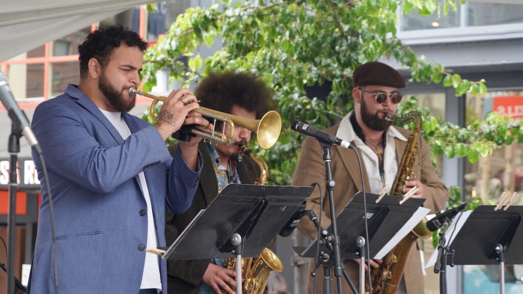 A jazz trio playing on the street at Fillmore Jazz Festival