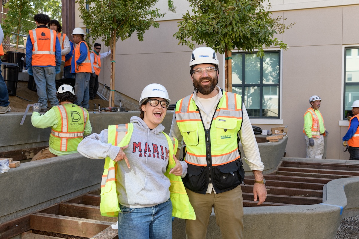 Marin Academy Courtyard Project Worksite Construction Crew with Students