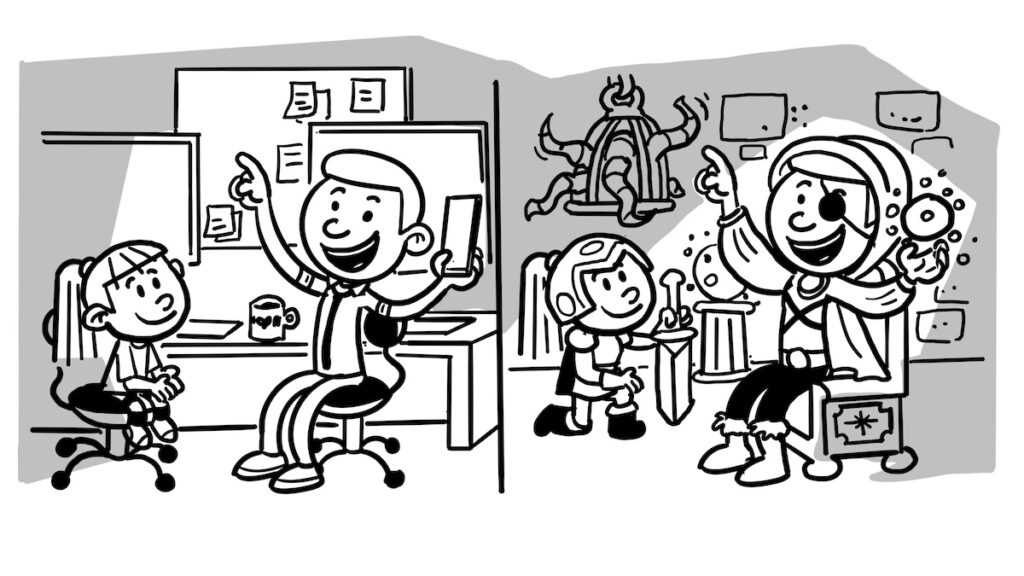 Illustration of girl and man talking, and a second frame of them dressed as knights