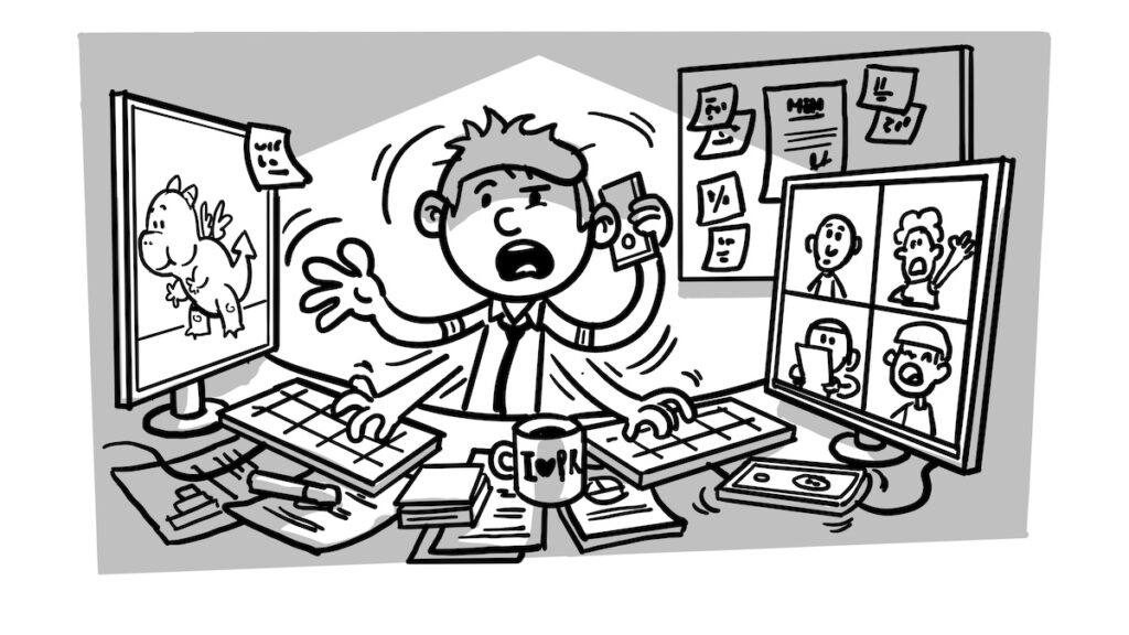 Black and white illustration of stressed PR professional fielding calls
