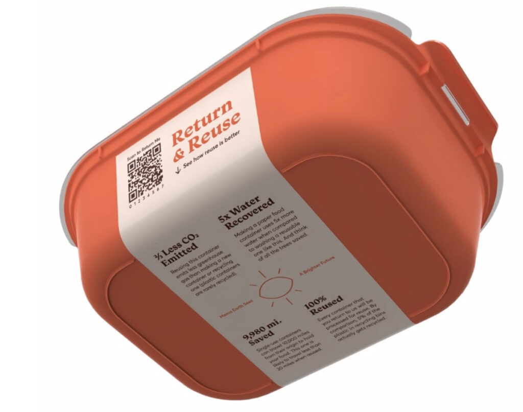 An upside-down view of Dispatch Goods’ orange reusable takeout container labeled “Return & Reuse,” featuring sustainability facts like reduced CO2 emissions and water savings.