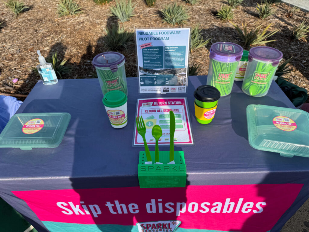 A table display at an outdoor event featuring Sparkl Reusables’ return station, with reusable green cups, cutlery, containers, and signage encouraging customers to skip disposables.