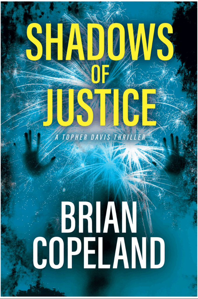 A blue book cover with the text "Shadows of Justice" in yellow.