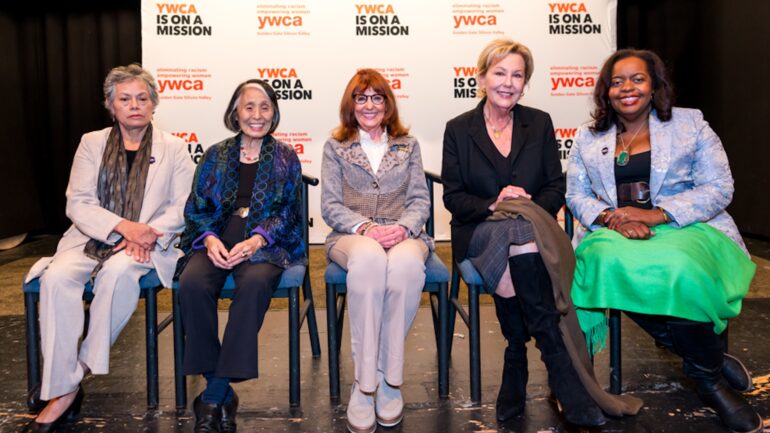 Five women nominated for the Marin YMCA Hall of Fame sit in front of a white background with the YMCA logo.