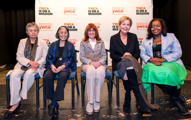 Five women nominated for the Marin YMCA Hall of Fame sit in front of a white background with the YMCA logo.