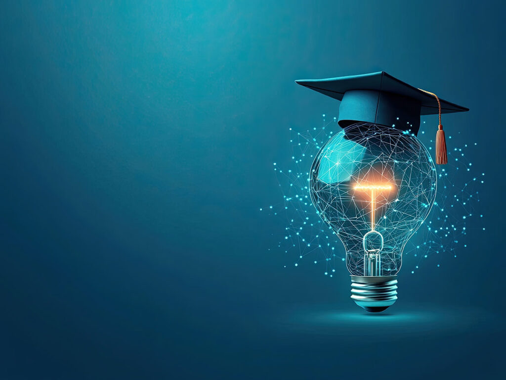 Lightbulb wearing graduation cap symbolizes AI ideas for graduates.