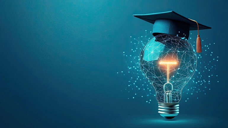 Lightbulb wearing graduation cap symbolizes AI ideas for graduates.