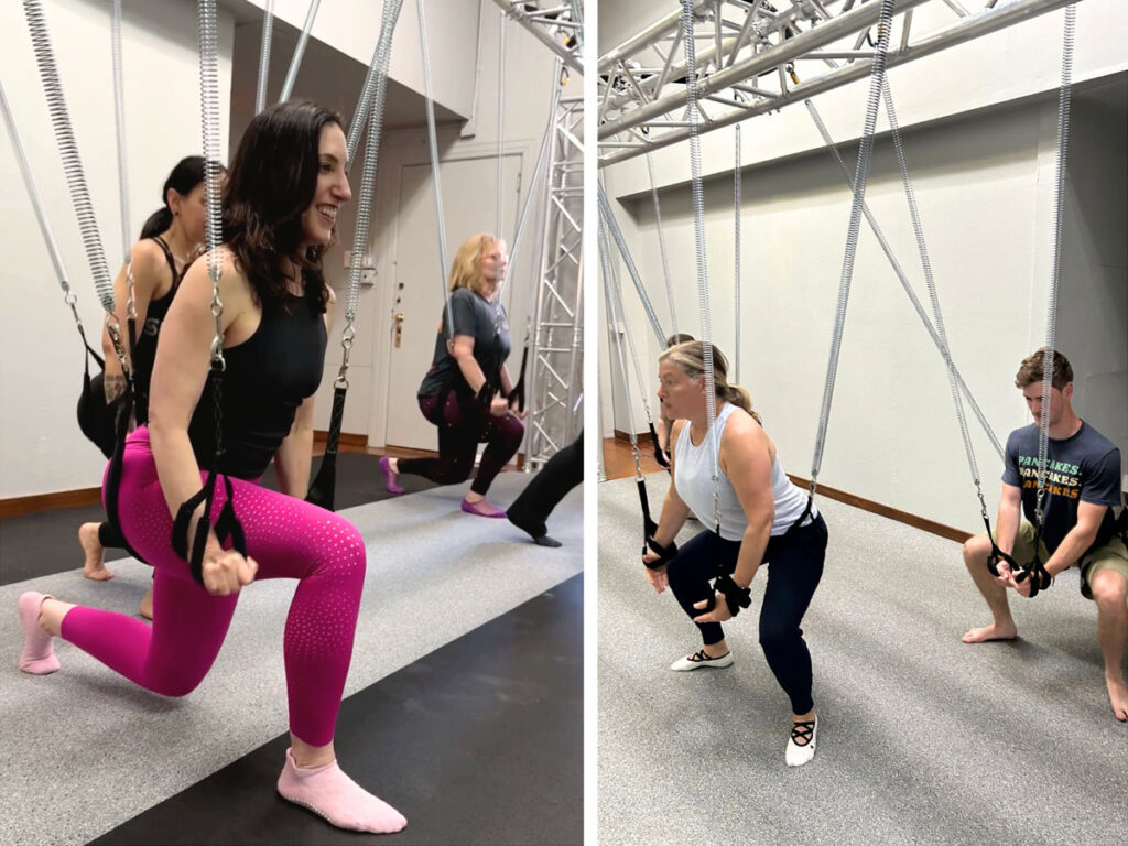 Two images of individuals practicing yoga poses in a gym setting, showcasing different techniques and styles.
