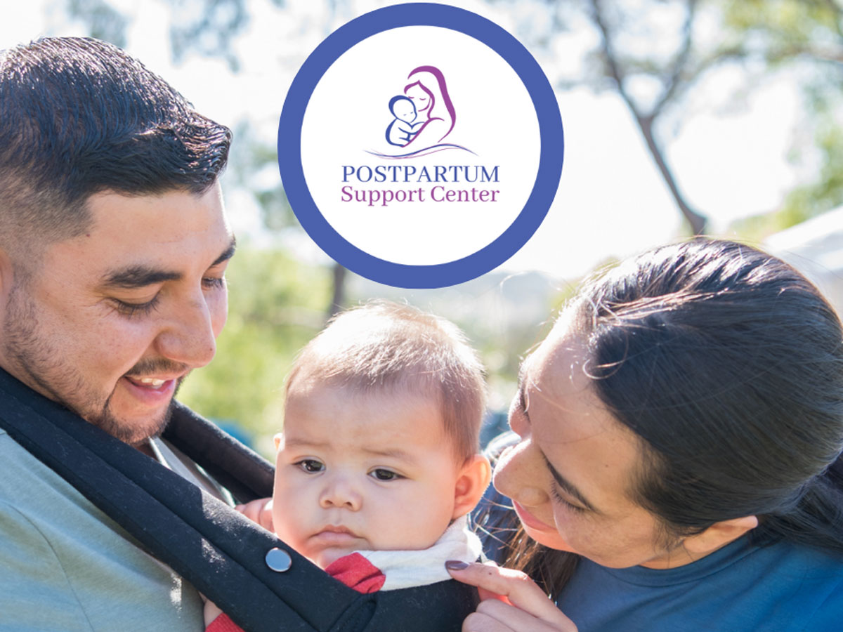 A man, woman, and baby are depicted in a candid, outdoor shot featuring Postpartum Support Center logo.