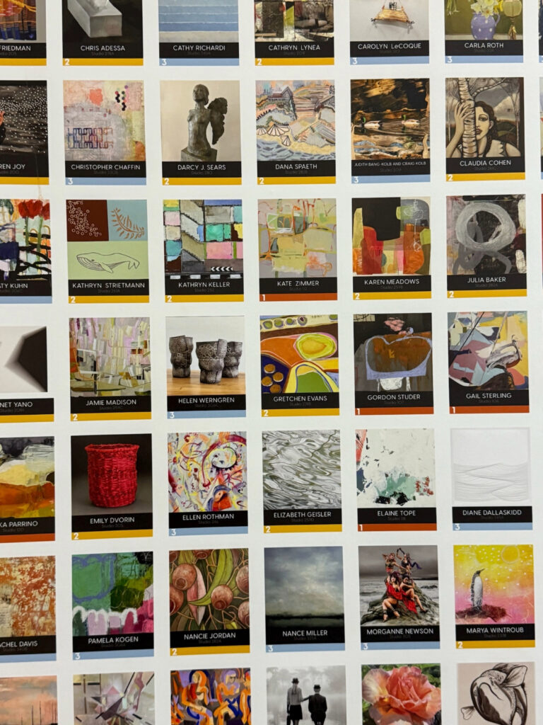Poster grid of various artists’ works with names and thumbnails.