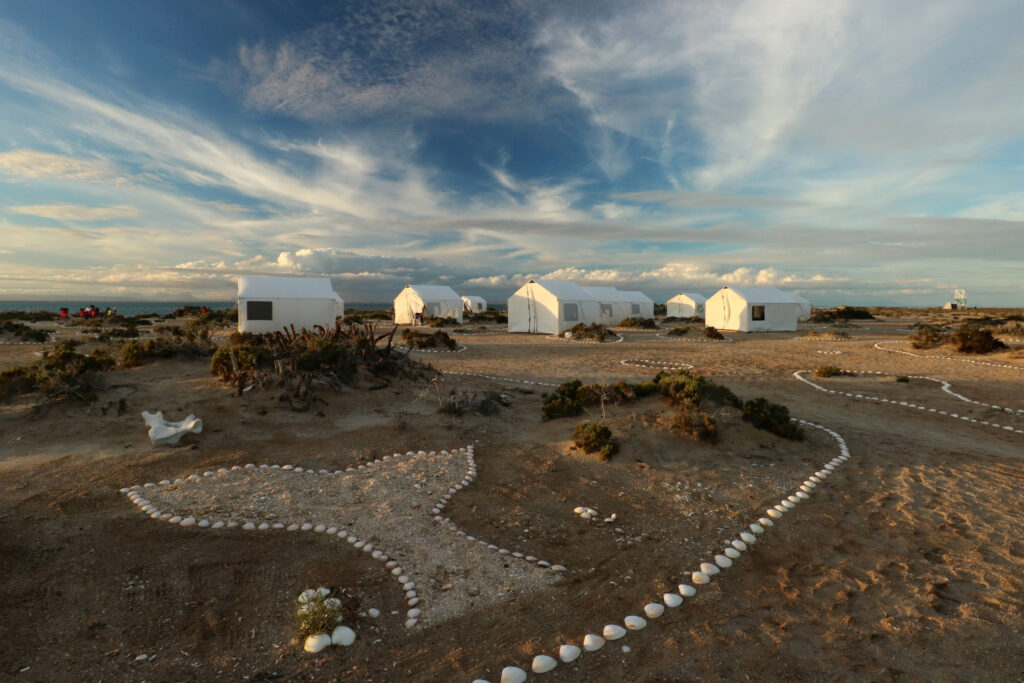A photo of a campground with white tents set up and small rocks forming the shape of a whale tail.