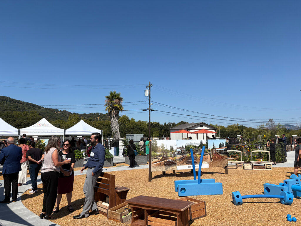A group of people gathered around a playground, engaging in conversation and enjoying the outdoor space.