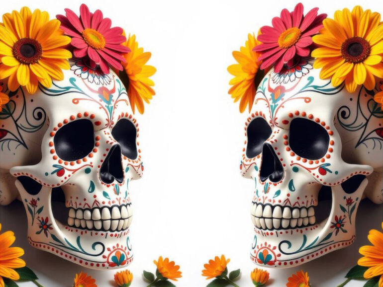 Two artistic sugar skulls embellished with flowers, celebrating the tradition of honoring deceased loved ones.