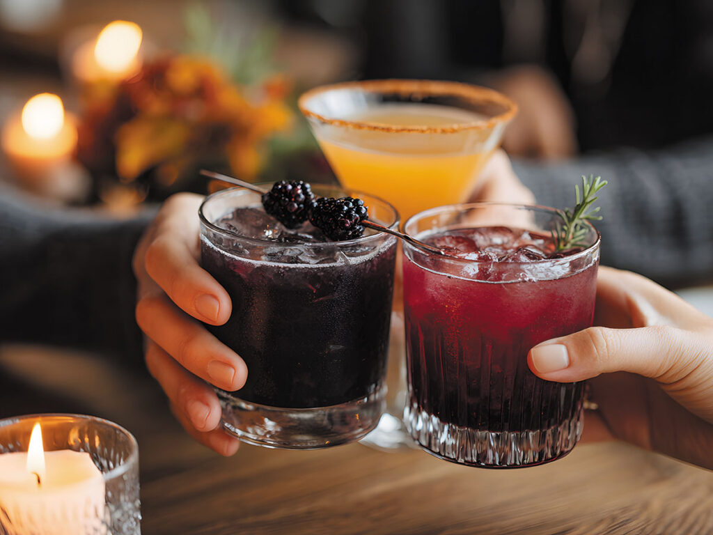 A group of three individuals toasting with cocktails at a table, celebrating together.