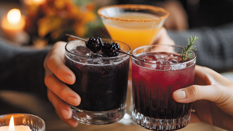A group of three individuals toasting with cocktails at a table, celebrating together.
