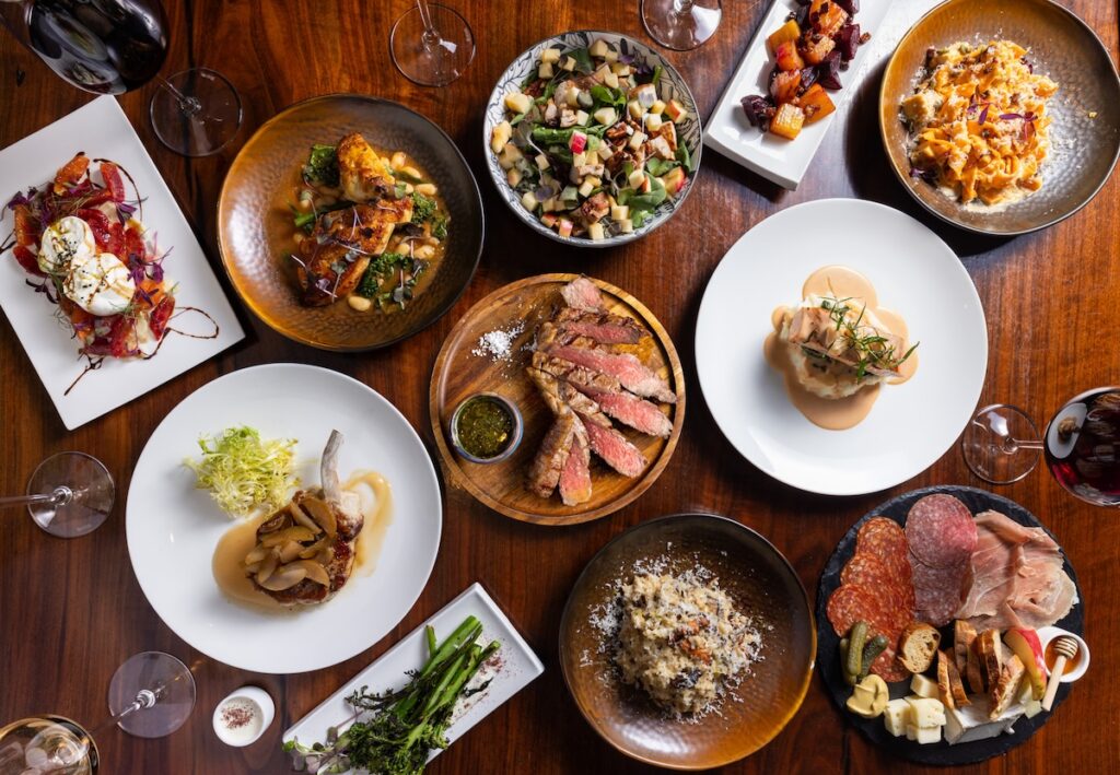 An aerial shot of plates of food.