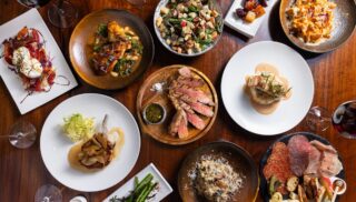 An aerial shot of plates of food.