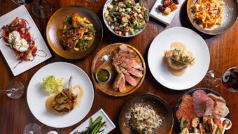 An aerial shot of plates of food.