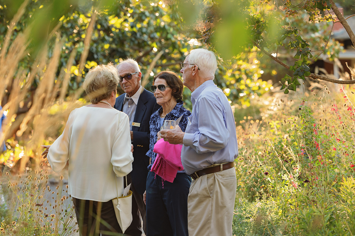 A group of people of various ages standing in a lush field, engaged in conversation and enjoying the scenery,