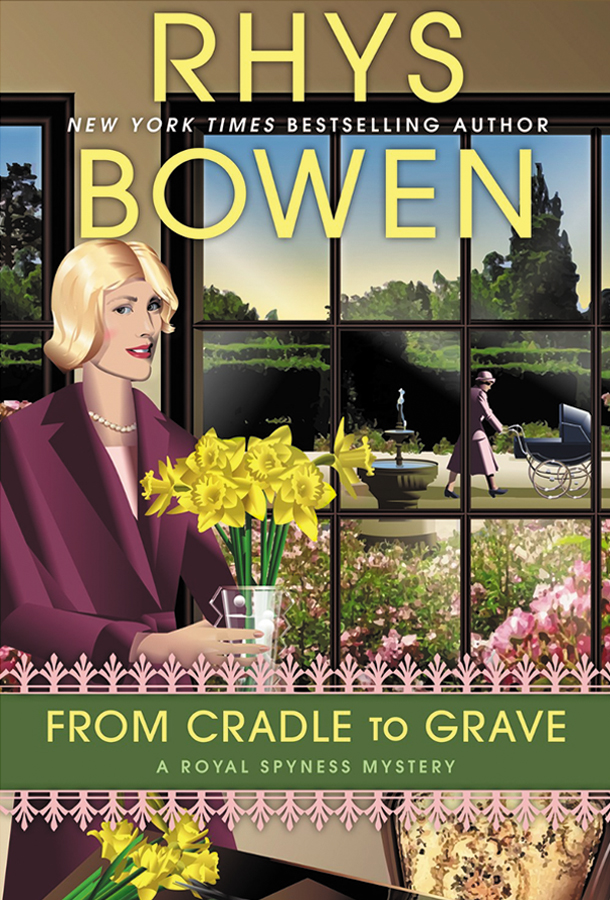 "From Cradle to Grave" by Rhys Bowen, illustrated with a captivating cover that hints at mystery and intrigue in dark colors.