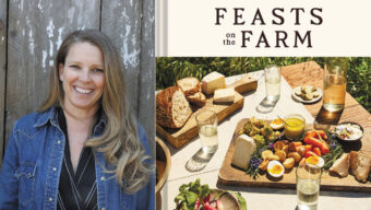 Cover of "Feasts on Farm" featuring a rustic farm scene with fresh produce and a cozy dining setup next to the author, Tamara Jo Hicks