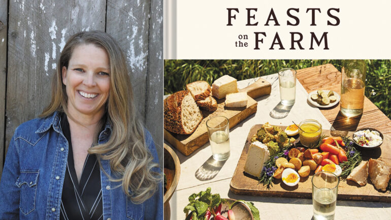 Cover of "Feasts on Farm" featuring a rustic farm scene with fresh produce and a cozy dining setup next to the author, Tamara Jo Hicks
