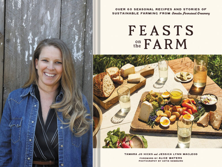 Cover of "Feasts on Farm" featuring a rustic farm scene with fresh produce and a cozy dining setup next to the author, Tamara Jo Hicks