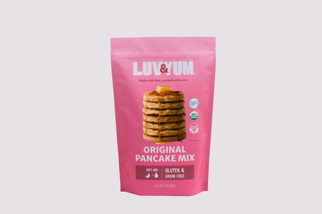 A pink package for healthy pancake mix by Luv & Yum.