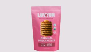 A pink package for healthy pancake mix by Luv & Yum.