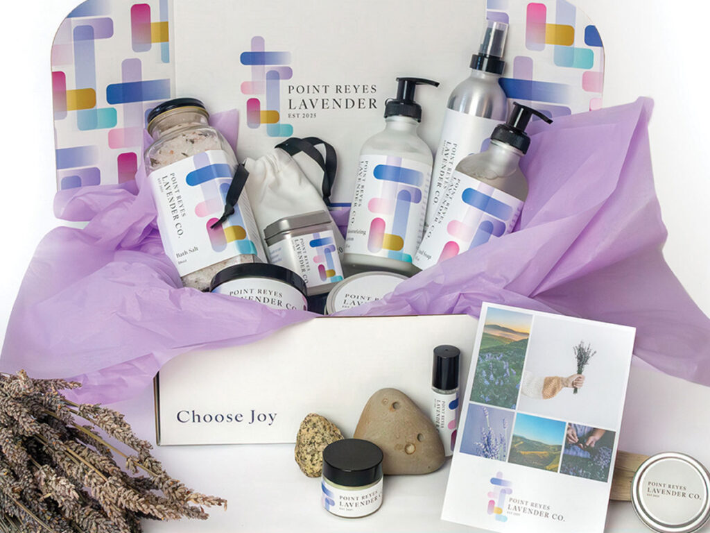A collection of lavender skincare items in a box, including hand lotion, shampoo, and body wash.