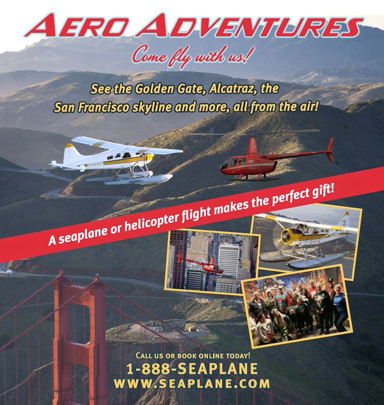 A flight flyer featuring images of airplanes and the Golden Gate Bridge, promoting travel opportunities.