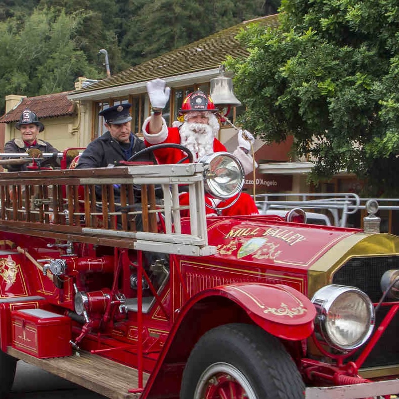 Holiday lights and decorated storefront